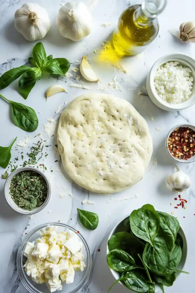 Mediterranean-style spinach white pizza with creamy ricotta sauce and herbs.