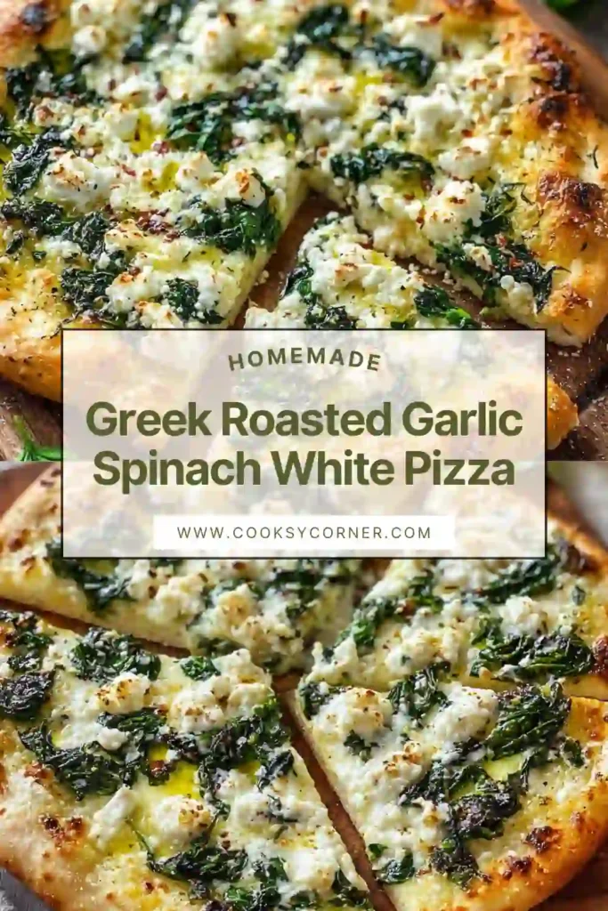 White pizza with roasted garlic, spinach, and feta cheese baked until bubbly.