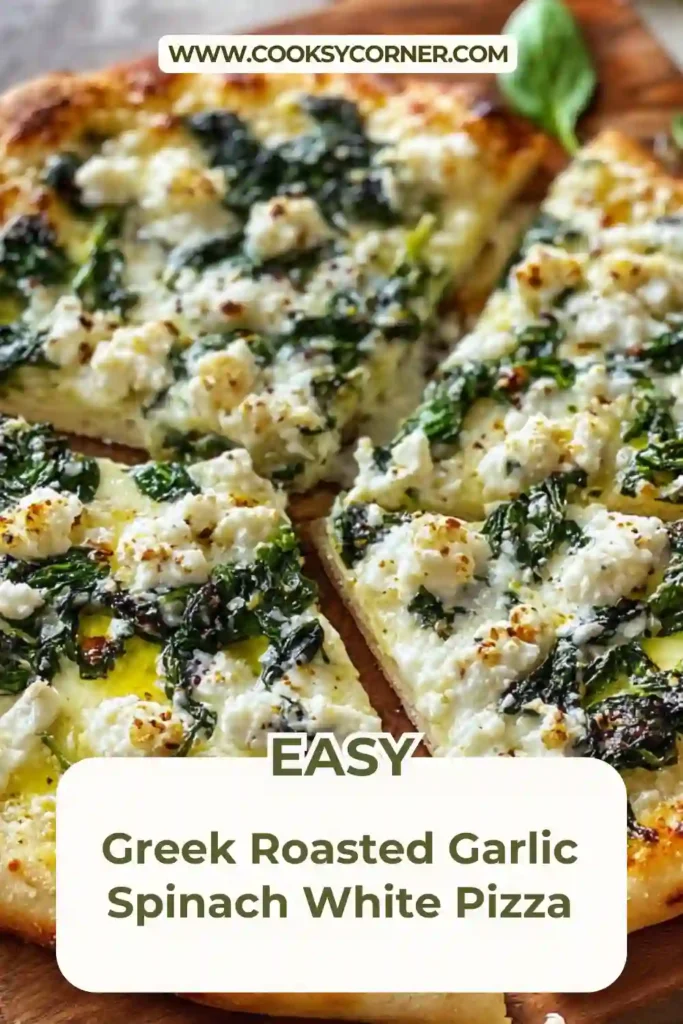 Close-up of Greek spinach feta white pizza with melted cheese and fresh basil.