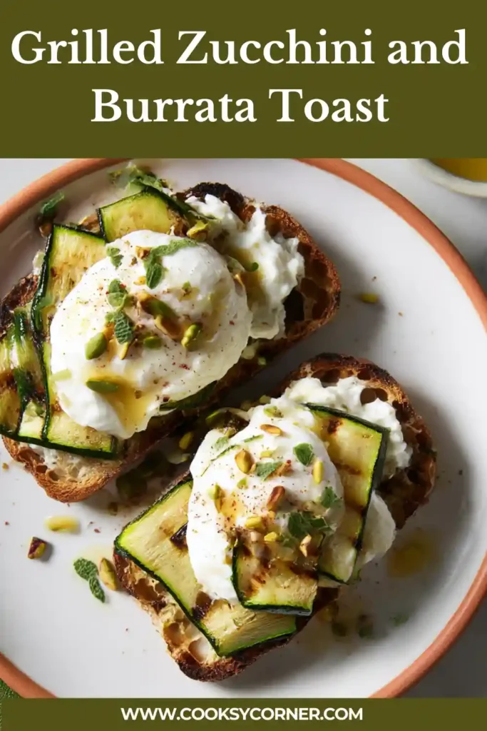 Close-up of creamy burrata melting over grilled zucchini on toast.