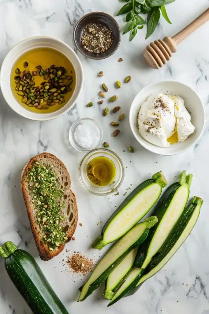 Vegetarian grilled zucchini burrata toast served warm.