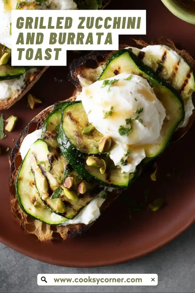 Grilled Zucchini and Burrata Toast topped with pistachios and hot honey on sourdough bread.