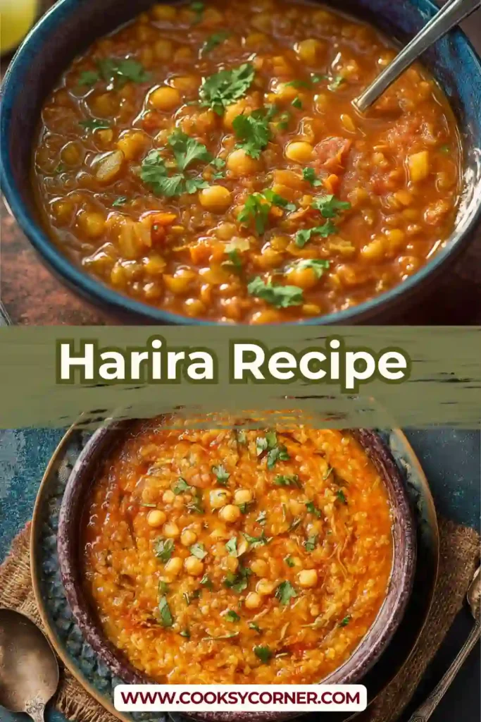 Moroccan-inspired vegetarian Harira soup served hot with fresh cilantro.