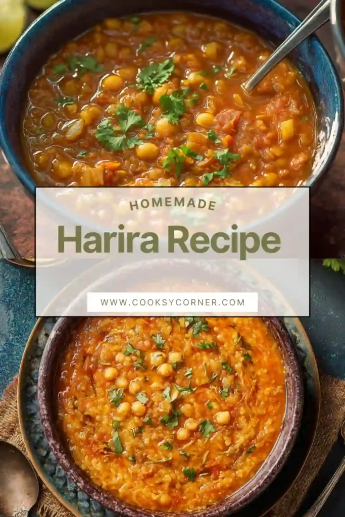 Bowl of Harira soup made with lentils, chickpeas, rice, and warming spices.