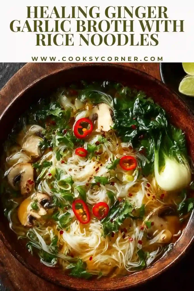 Light vegetable broth with rice noodles and fresh herbs.