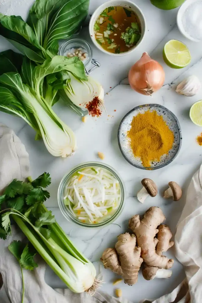 Comforting ginger garlic broth garnished with cilantro and chili flakes.