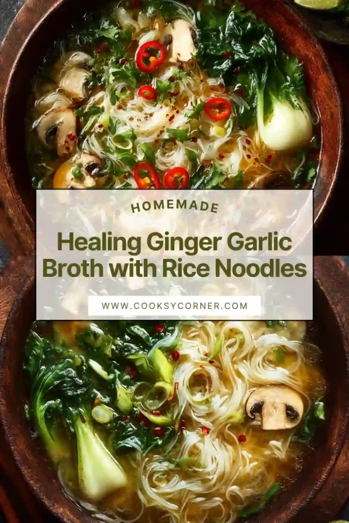 Healing ginger garlic broth with rice noodles, mushrooms, and bok choy in a bowl.
