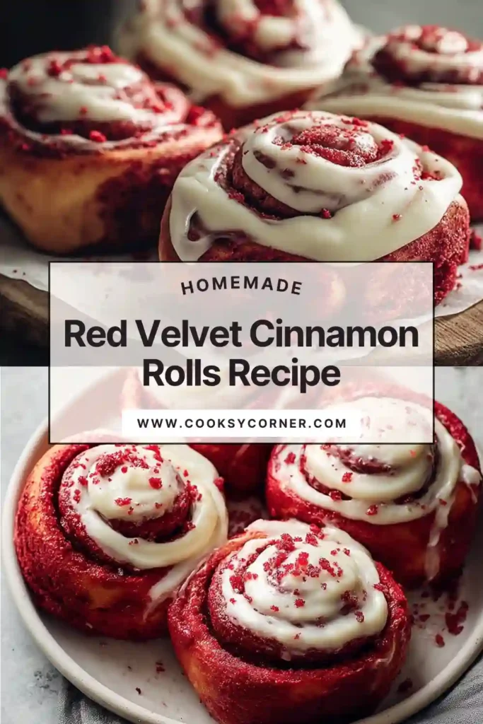 Soft red velvet cinnamon rolls arranged in a baking dish and drizzled with vanilla icing. A festive twist on classic rolls.