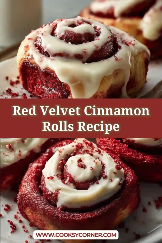 Homemade red velvet cinnamon rolls with cinnamon sugar filling and glossy icing served warm. Ideal for brunch or holidays.