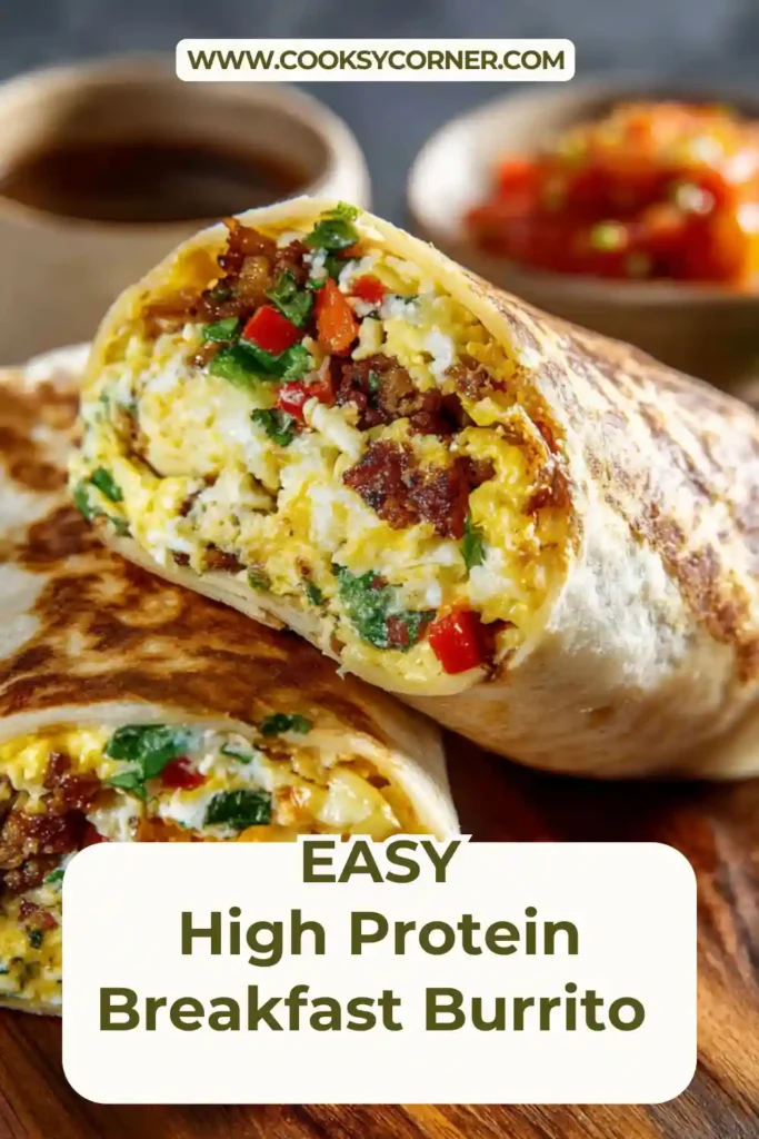 High protein breakfast burrito served with avocado and salsa.