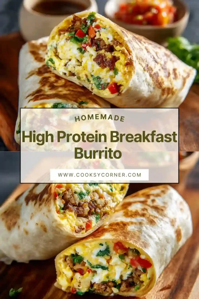 High protein breakfast burrito filled with eggs, turkey sausage, vegetables, and cheese wrapped in a tortilla.