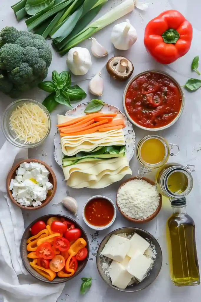 Meatless lasagna casserole with spinach, mushrooms, and cheese.
