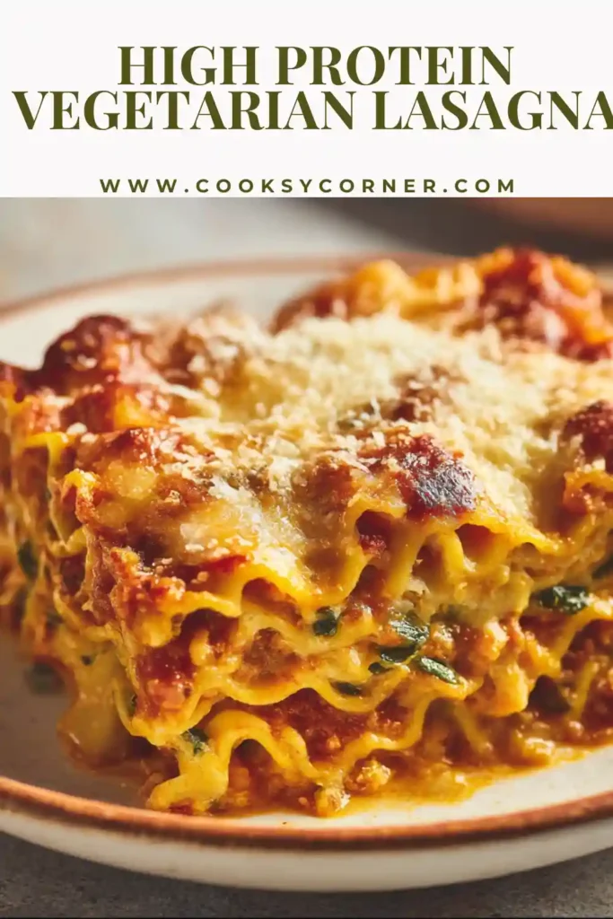 High protein vegetarian lasagna layered with roasted vegetables and melted cheese.