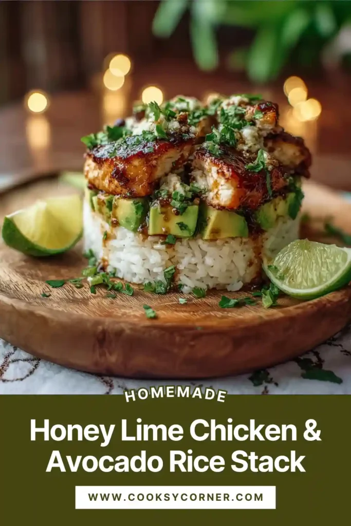 Restaurant-style honey lime chicken and avocado rice stack served fresh with extra glaze drizzled around the plate.
