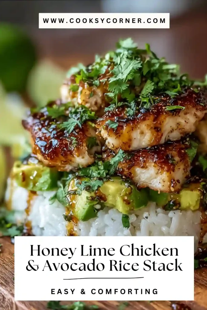 Close-up of honey-glazed chicken slices stacked with avocado and lime rice, highlighting caramelized edges and creamy texture.