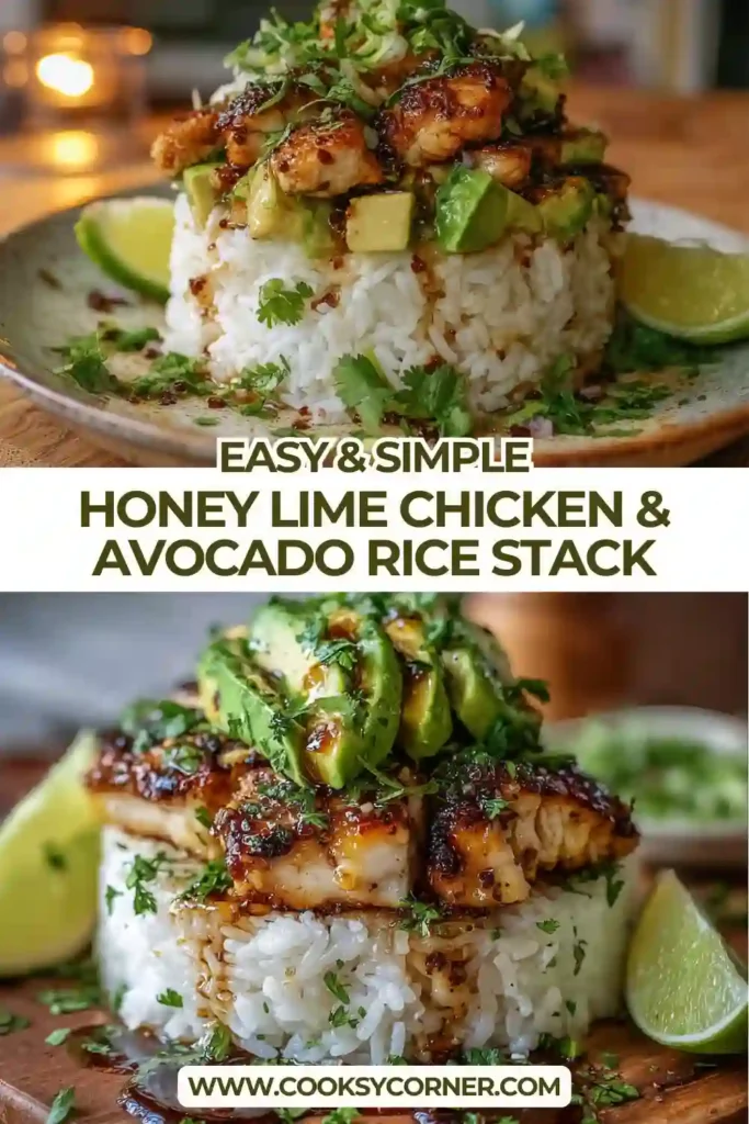 Honey lime chicken layered over avocado and coriander rice in a neat stack, showing glossy glaze and fresh green herbs on a white plate.