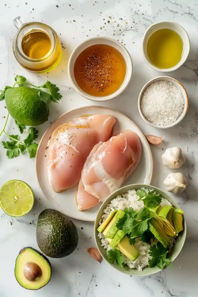 Side view of avocado rice stack topped with honey lime chicken, showing clean layers and vibrant colors.