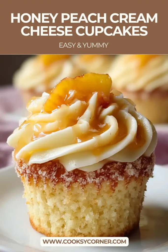 Close-up of honey peach cupcakes showing fluffy texture and creamy frosting made with fresh peaches.