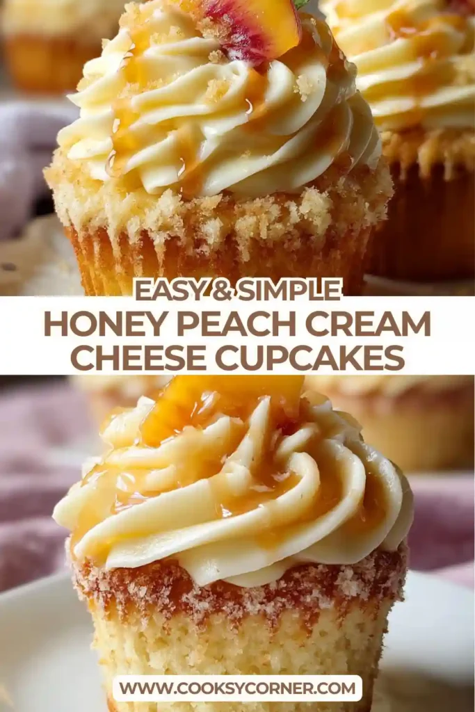 Honey Peach Cream Cheese Cupcakes topped with smooth cream cheese frosting and peach flavor. These cupcakes look soft, moist, and bakery-style.
