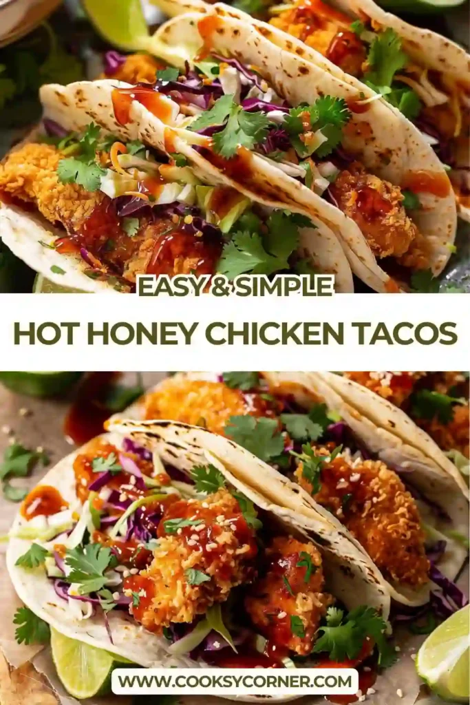 Spicy hot honey chicken tacos arranged on a plate with lime wedges and cilantro.