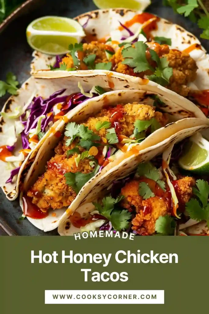 Close-up of crispy chicken tacos drizzled with hot honey and topped with fresh cabbage slaw.