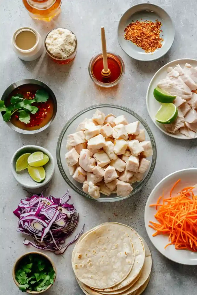 Golden fried chicken tacos with sweet and spicy honey sauce and crunchy slaw.
