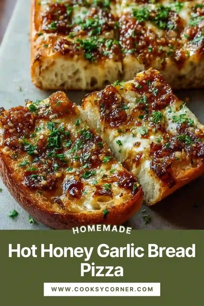 Cheesy garlic pizza with golden crust and hot honey finish.