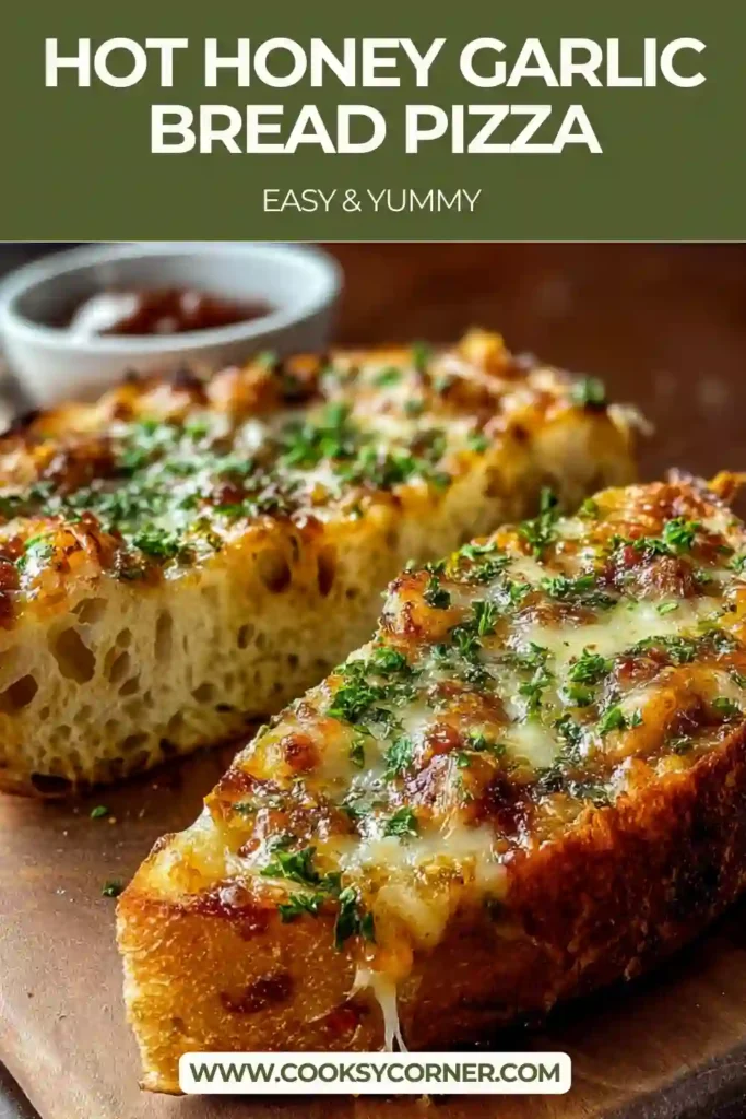 Garlic bread pizza fresh from the oven with bubbly cheese and sweet spicy hot honey.