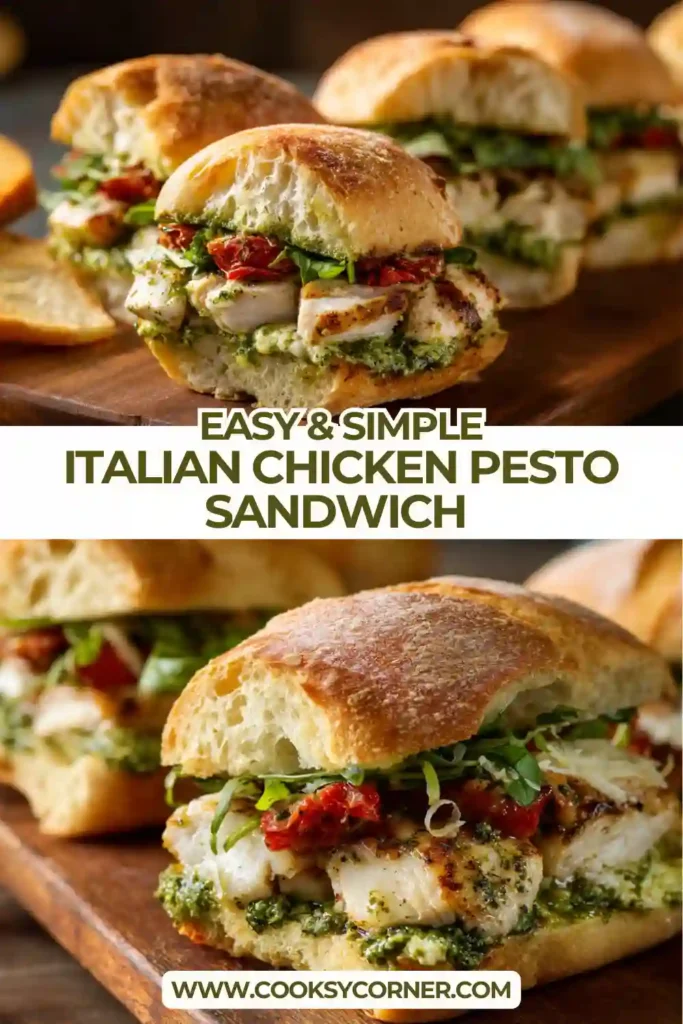 Italian Chicken Pesto Sandwich with grilled chicken, melted mozzarella, pesto, and tomato relish on toasted Italian bread. The sandwich is layered with fresh basil and served warm.