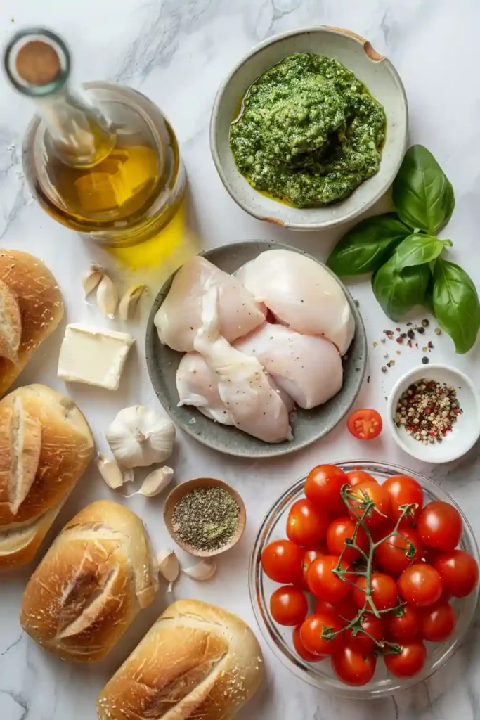 Cafe-style Italian Chicken Pesto Sandwich served on Italian bread with melted cheese and herb pesto.