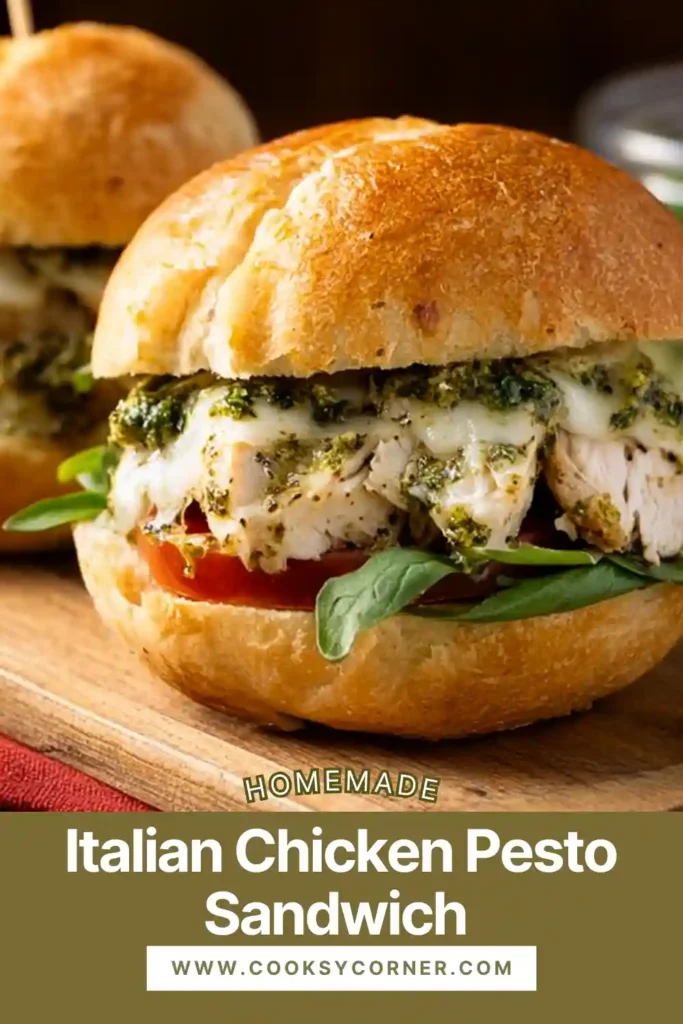 Close-up of an Italian Chicken Pesto Sandwich showing juicy chicken breast, green pesto, and blistered tomatoes inside a toasted bun.