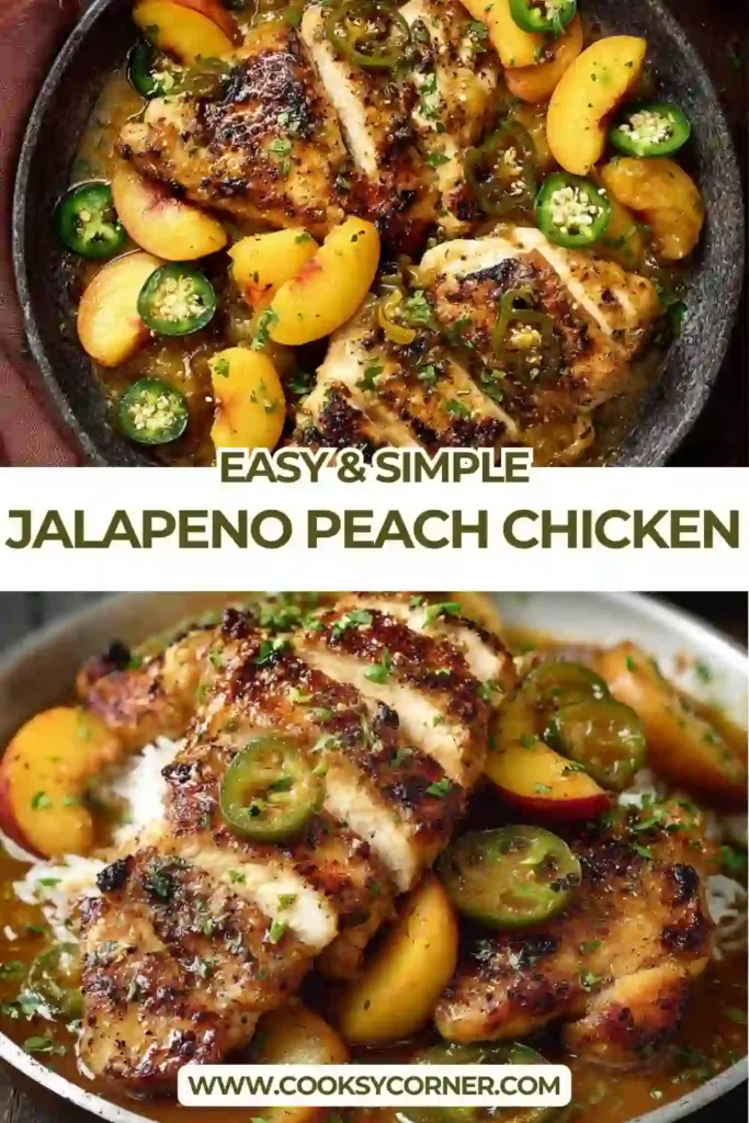Skillet Jalapeno Peach Chicken with golden chicken thighs, softened peaches, and spicy jalapeño peppers in a rich glaze.