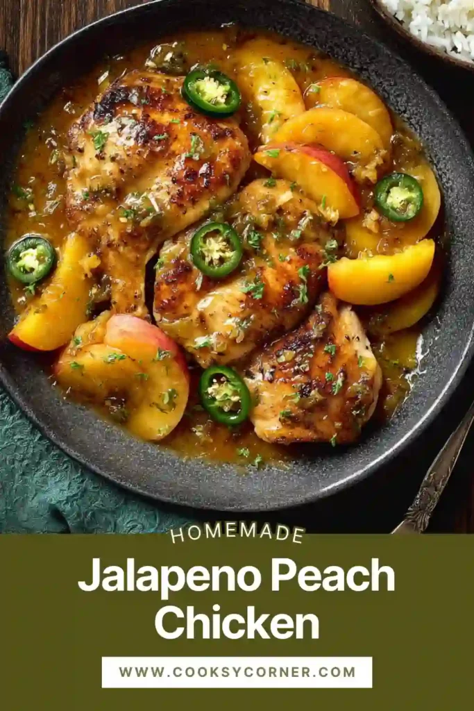 Sweet and spicy Jalapeno Peach Chicken served warm, featuring tender chicken thighs coated in peach glaze and topped with jalapeños.