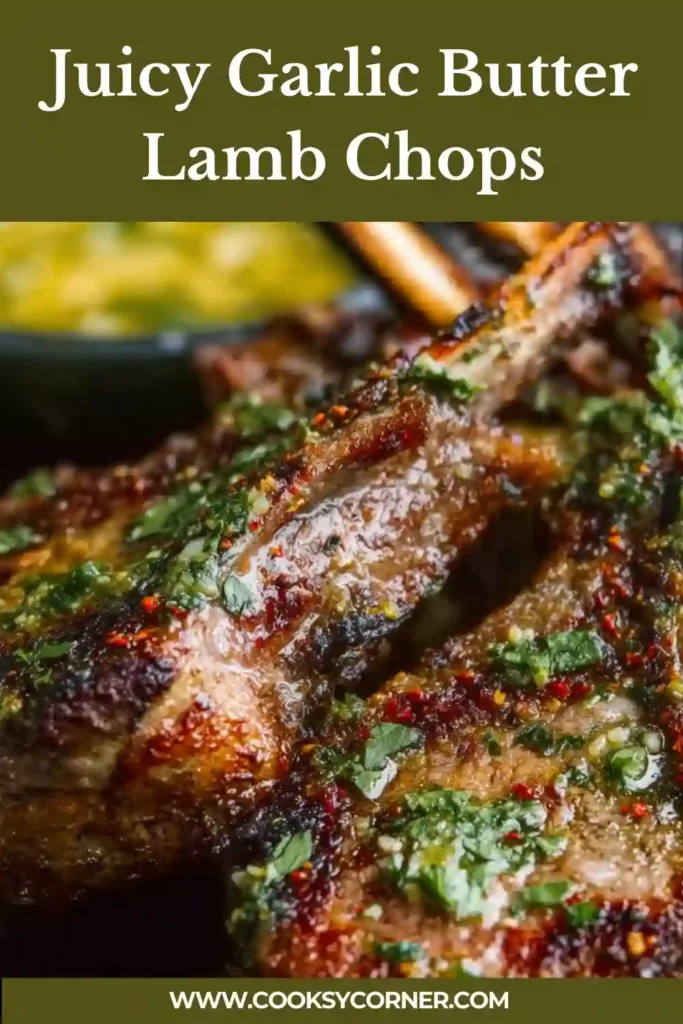 Close-up of Juicy Garlic Butter Lamb Chops resting after cooking, showing crisp edges and melted garlic butter. Fresh herbs add aroma and color.