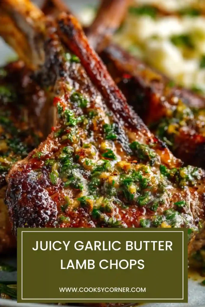 Pan-seared Juicy Garlic Butter Lamb Chops served hot with garlic butter glaze and lemon. The meat appears tender and perfectly cooked.