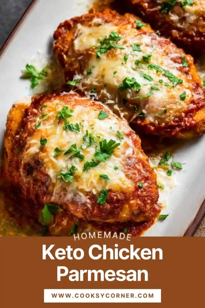Keto Chicken Parmesan baked with marinara and melted cheese.