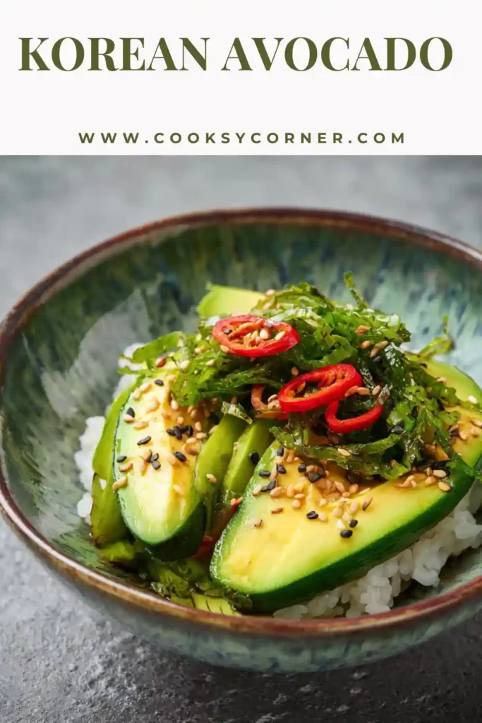 Korean avocado with soy sauce marinade and fresh garnishes. The avocado pieces are vibrant and smooth.
