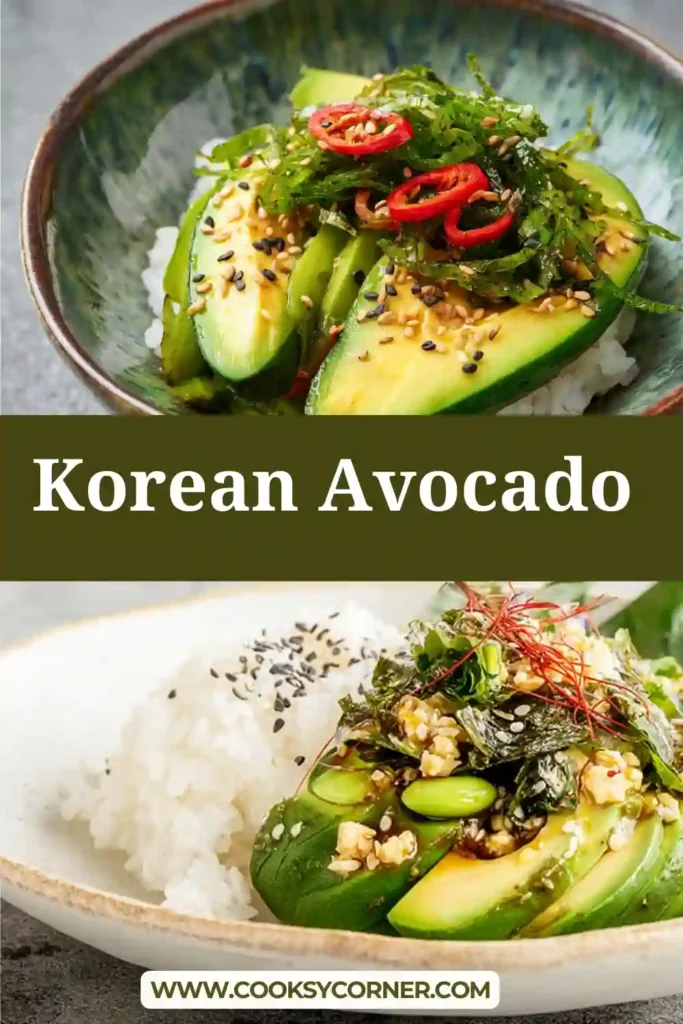 Mayak avocado served over rice with chili and sesame seeds. A bold Korean-inspired side dish.