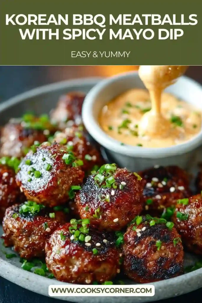Korean BBQ meatballs appetizer plated for a party with spicy mayo dip and fresh green onion garnish.