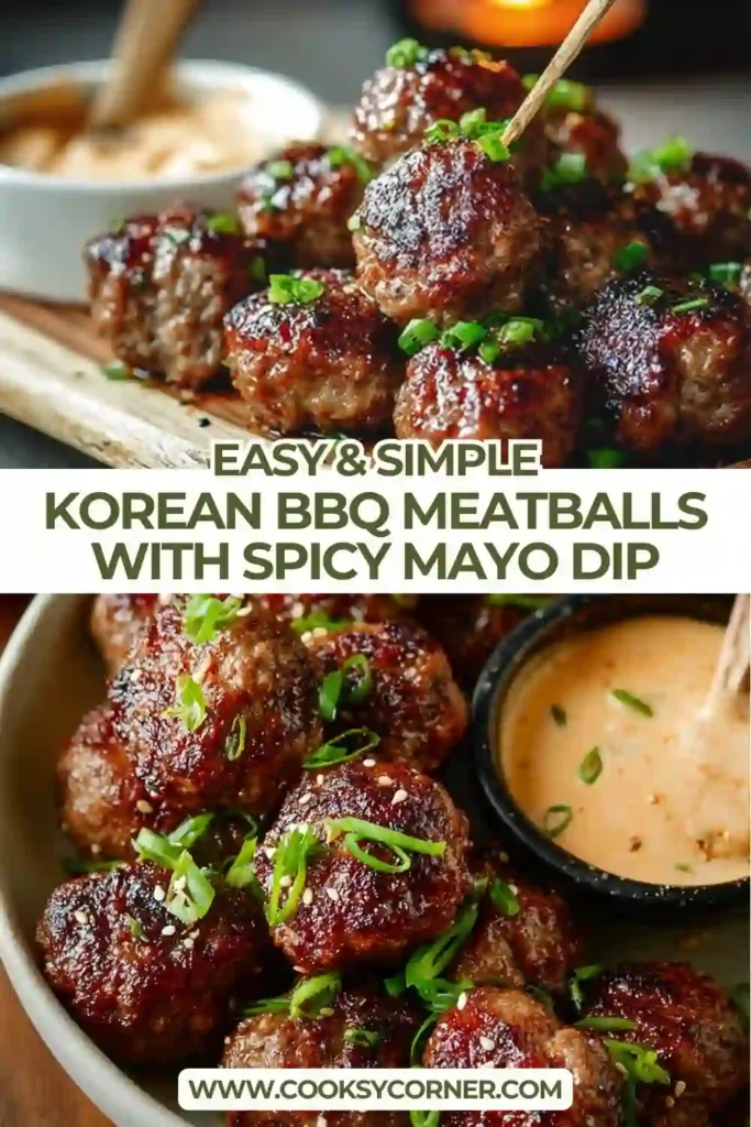 Close-up of juicy Korean BBQ meatballs with gochujang glaze and creamy spicy mayo dip on the side.