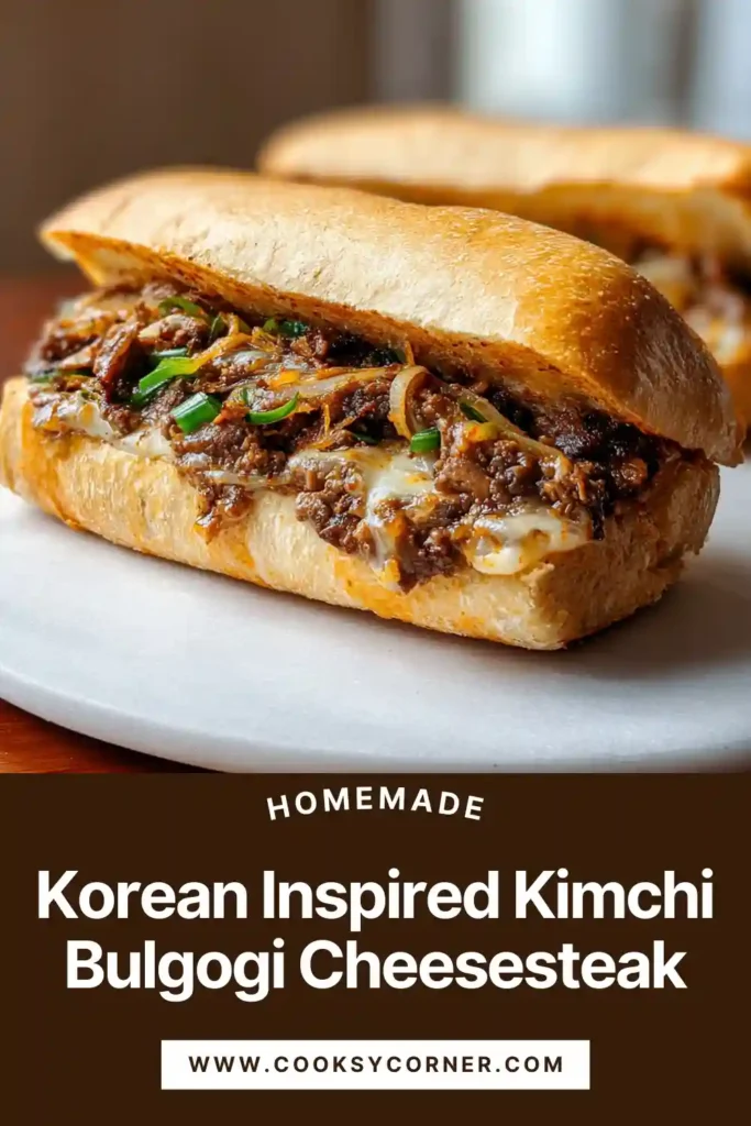 A hearty Korean-Inspired Kimchi Bulgogi Cheesesteak resting on parchment paper, highlighting its savory beef and tangy kimchi filling.
