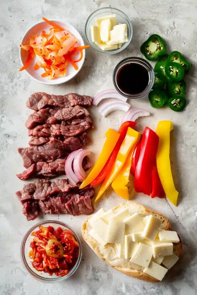 Side view of a Korean-Inspired Kimchi Bulgogi Cheesesteak with caramelized vegetables and gooey cheese spilling from the roll.