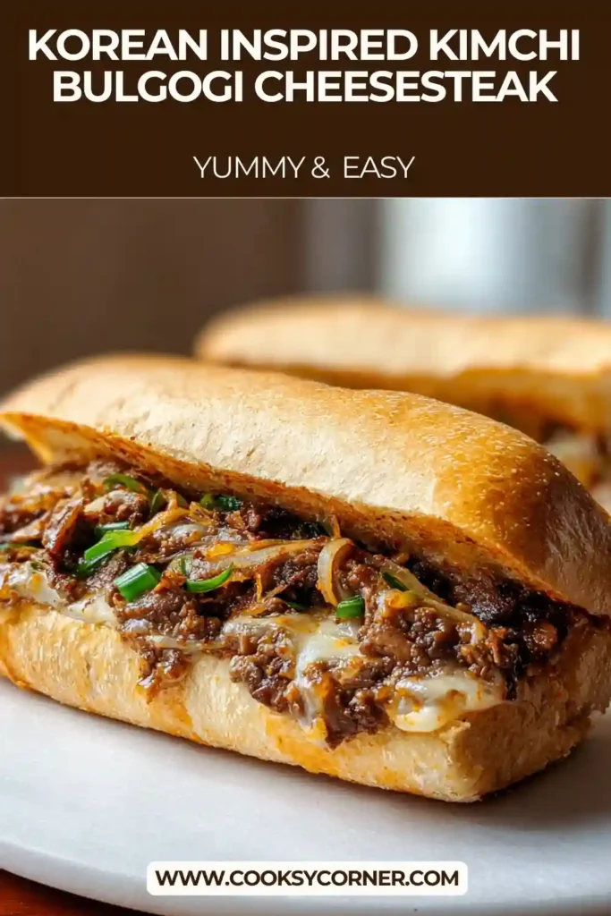 Close-up of a Korean-Inspired Kimchi Bulgogi Cheesesteak filled with bulgogi beef, kimchi, onions, and bell peppers. The cheese is perfectly melted.