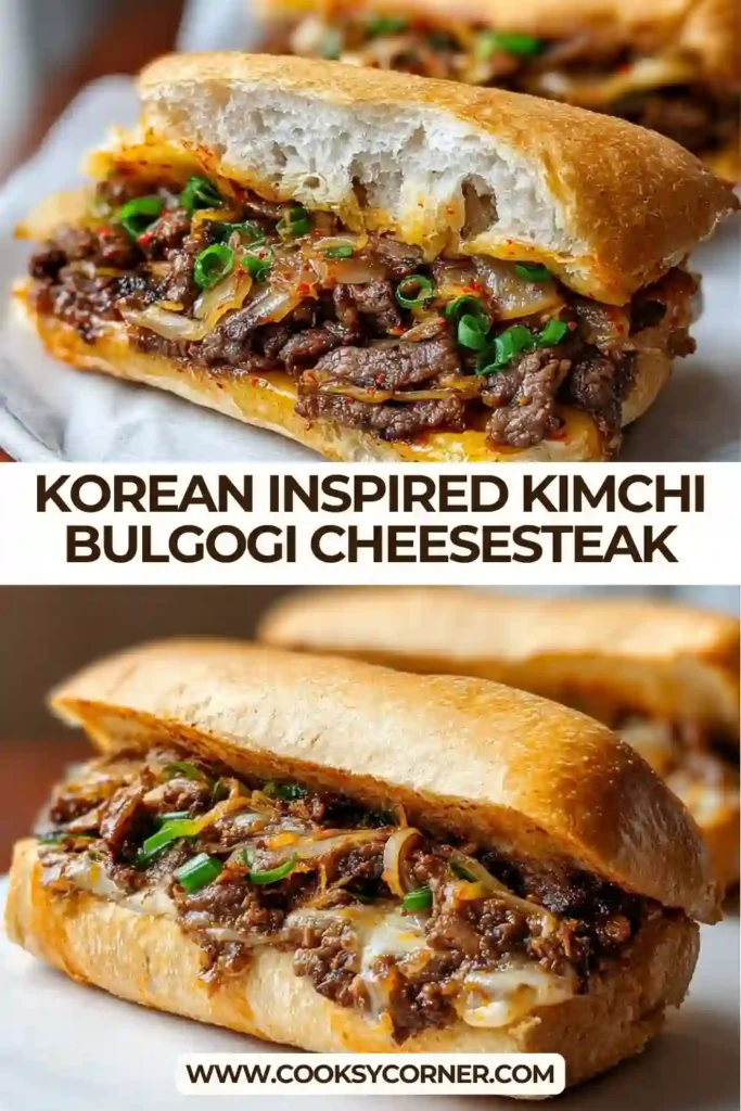 Korean-Inspired Kimchi Bulgogi Cheesesteak served in a toasted roll with melted cheese and sautéed vegetables. The sandwich showcases juicy beef and vibrant kimchi.