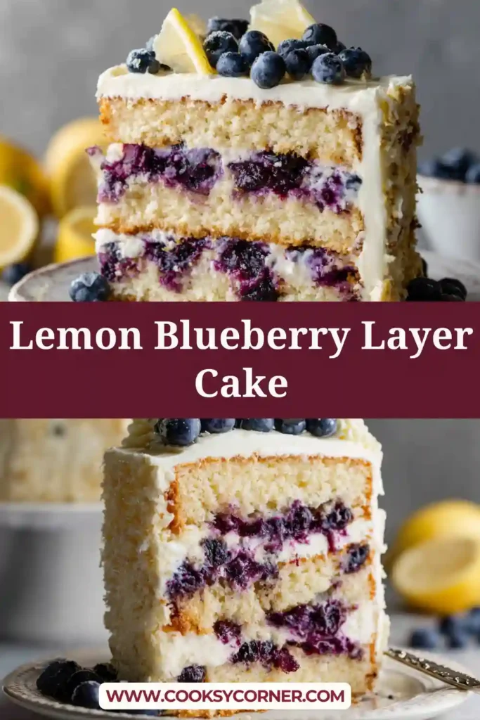 Homemade lemon blueberry cake layered with cream cheese frosting and fresh lemon garnish.