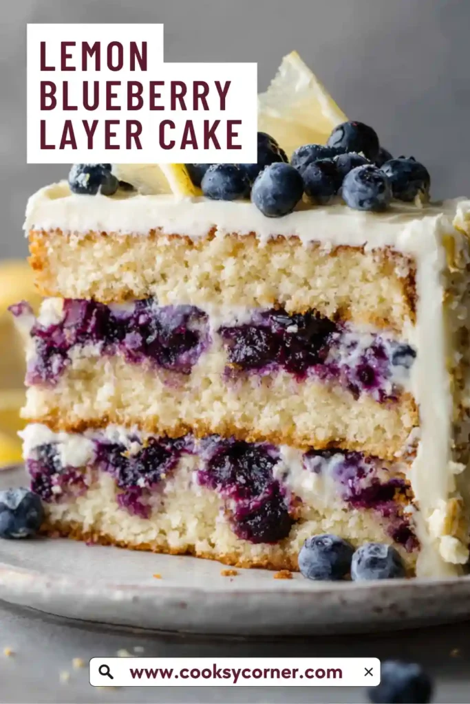 Lemon blueberry layer cake with cream cheese frosting and fresh blueberries on top, sliced to show soft layers.