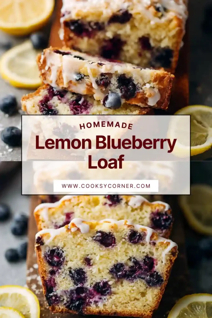 Lemon blueberry bread topped with icing on a loaf platter.