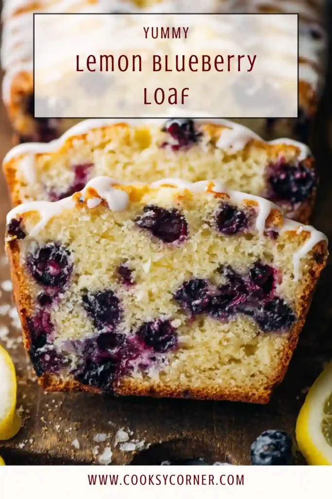 Lemon blueberry loaf with crumble topping and lemon icing.