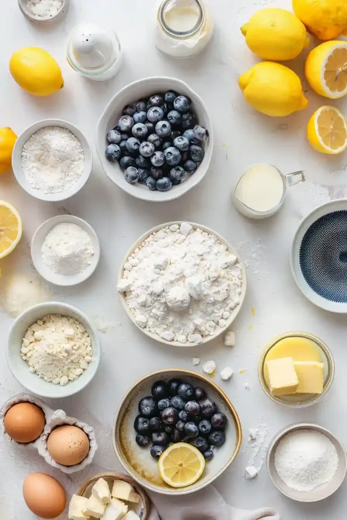 Close-up of lemon blueberry loaf with golden crumble.