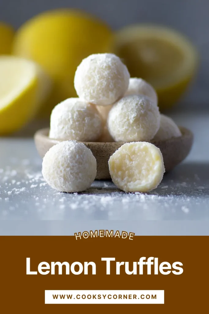 Close-up of homemade lemon truffles made with white chocolate and coated in confectioners’ sugar for a soft, melt-in-your-mouth texture.